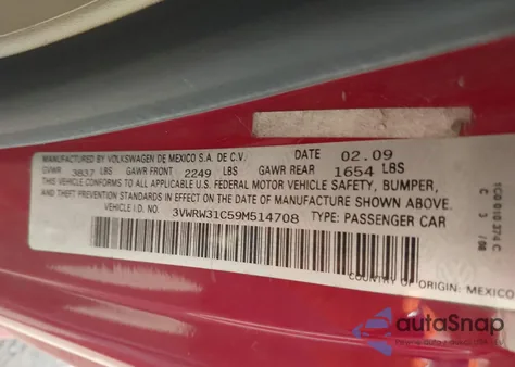 2009 Volkswagen New Beetle 2.5L из США, поврежденный, VIN 3VWRW31C59M514708